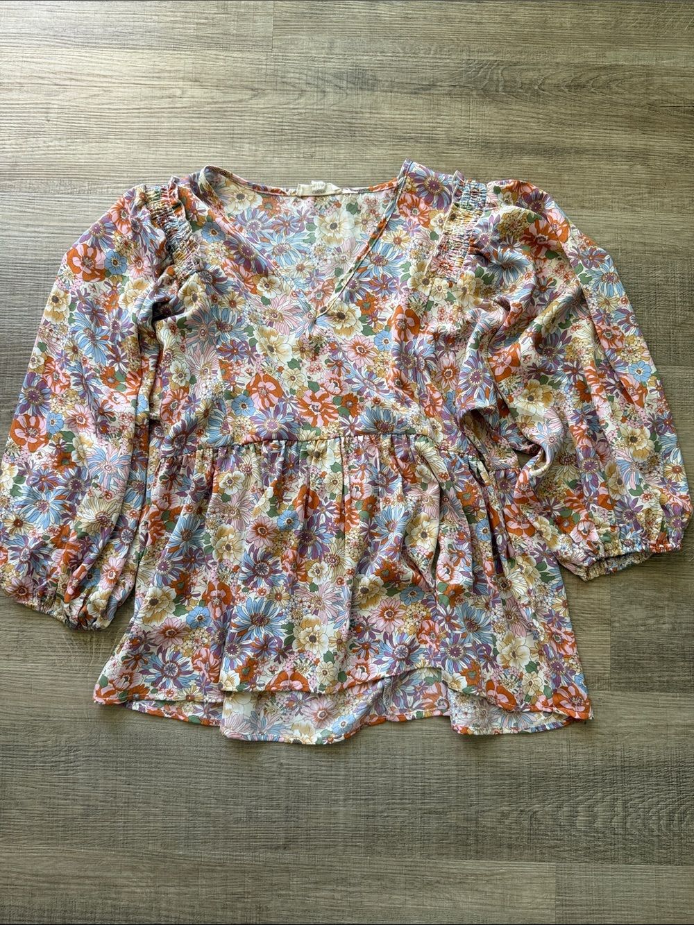 Floral V-Neck Peasant Blouse in Multi-Color
